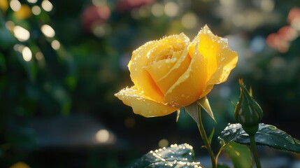 A close-up shot of a yellow rose with water droplets glistening on its petals