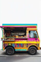 Colorful food truck parked on pavement.