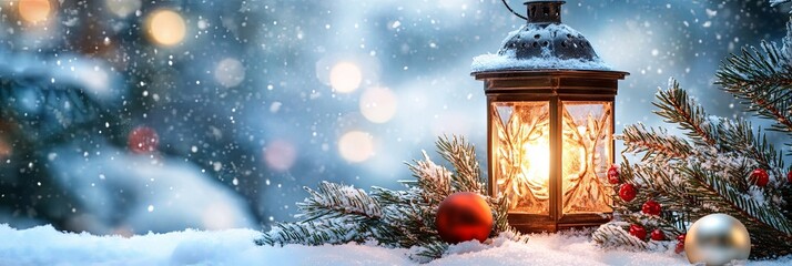Winter Lantern with Christmas Decorations and Snow