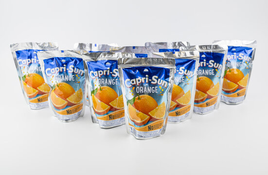 Nova Bana, Slovakia - November, 8, 2024 : Capri-Sun juice concentrate drink isolated on white background. Capri sun orange fruit drink is free from artificial colours, flavours and preservatives.