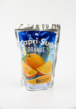 Nova Bana, Slovakia - November, 8, 2024 : Capri-Sun juice concentrate drink isolated on white background. Capri sun orange fruit drink is free from artificial colours, flavours and preservatives.