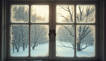 Frosty vintage window background with faded glass and frost creating a nostalgic winter scene
