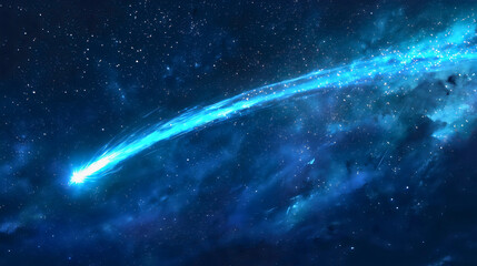 A glowing shooting star shining in a beautiful blue hue, traveling through the universe, leaving a stunning trail of light. A mesmerizing sight in astrology.