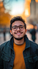 Fototapeta premium Confident and stylish young man in an urban city street, smiling brightly in a cozy yellow sweater and trendy blue jacket
