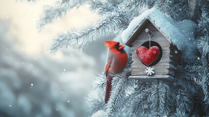 Merry christmas and happy new year greeting card . Red cardinal  on a snowy birdhouse 

