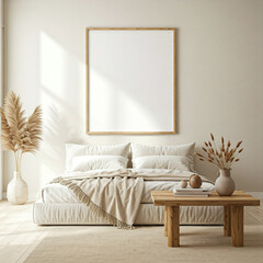 modern and elegant bedroom with a serene ambiance. The room features a large bed with a plush headboard and soft bedding in neutral tones