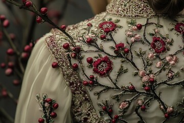 A close-up of a woman wearing a dress adorned with flowers, ideal for use in fashion or lifestyle contexts