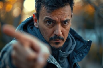 Fototapeta premium A man with a distinctive mustache looking directly into the lens of a camera