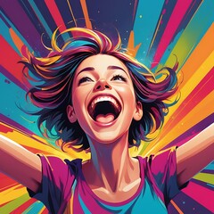 Illustration of an excited person with arms raised and bright expression