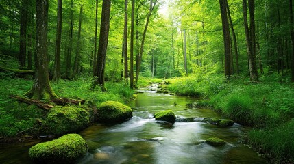 Fototapeta premium Ancient forest, high canopies, peaceful stream, untouched nature, pure serenity.