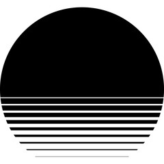 A minimalist sunset or sunrise design featuring a solid black semicircle above horizontal lines that gradually decrease in thickness towards the bottom, all contained within a circular border.
