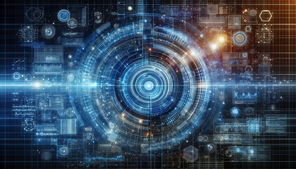 Obraz premium Advanced circular tech interface that glows blue on a dark background.