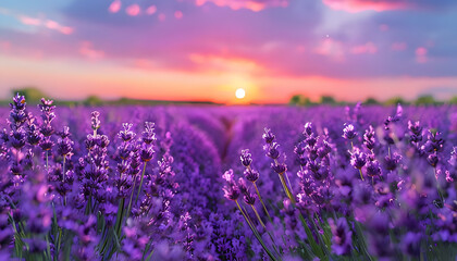 Fototapeta premium A Field of Lavender in Full Bloom Swaying in the Breeze