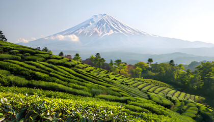 Obraz premium A Serene Landscape of a Traditional Tea Plantation in Shizuoka 