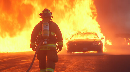 Firefighter walking towards a car engulfed in flames.