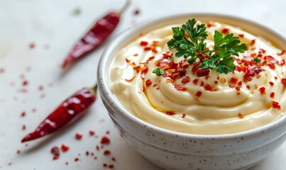 A close-up of a bowl of spicy mayonnaise garnished with red chili flakes and fresh parsley, with a whole dried red chili pepper on top, on a light background