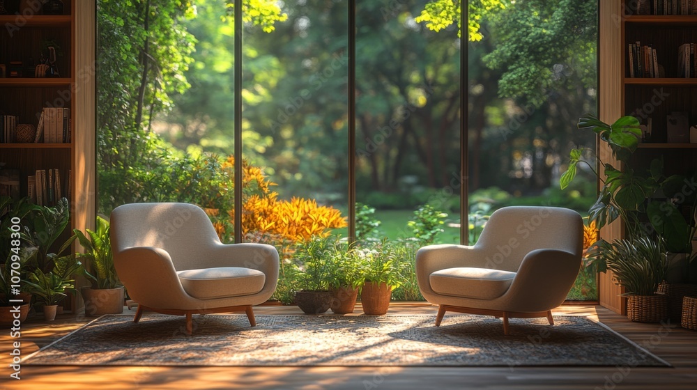 Poster a serene seating area features two comfortable chairs set against a large window filled with lush gr