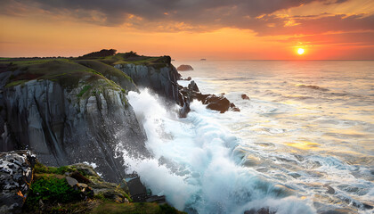 Obraz premium Seaside cliffs in Noto Peninsula with waves crashing against rocky coast, offering a dramatic coastal view.