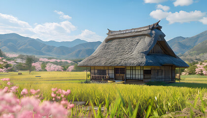 Dreamy view of a traditional thatched-roof house in the Japanese countryside