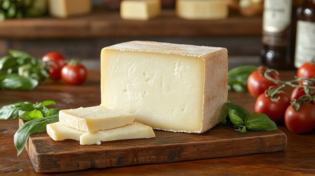 A block of hard cheese cut into slices on a wooden cutting board, with cherry tomatoes and fresh basil.