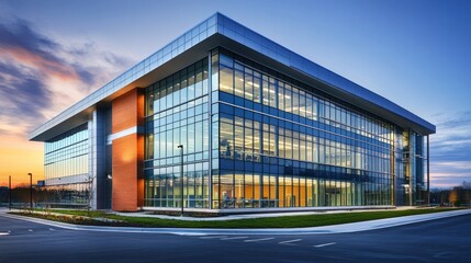Obraz premium Modern glass-fronted building at sunset, showcasing contemporary architectural design.
