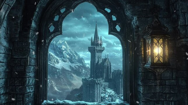 View from castle balcony overlooking majestic fantasy landscape with mountains and sunlight
Seamless looping 4k time-lapse virtual video animation Generated AI