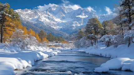 Fototapeta premium A winding river flows through a snow-covered valley with towering snow-capped mountains in the background. Autumn leaves still cling to the trees along the riverbank.