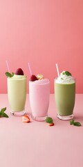 Deliciously blended smoothies in unique glasses set against a vintage pale red background, showcasing vibrant green, pink, and white colors