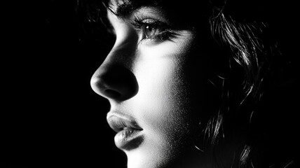 A black and white portrait with a dark background, shadow play, and soft lighting in a cinematic style