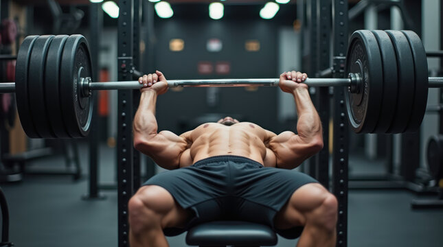 Weightlifter performs bench press in modern gym setting during evening workout