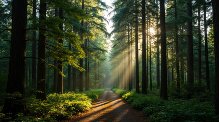 Fototapeta premium Sunlight streaming through trees in a serene forest pathway at dawn