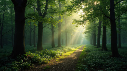Fototapeta premium Sunlight filters through lush trees in a tranquil forest path at dawn