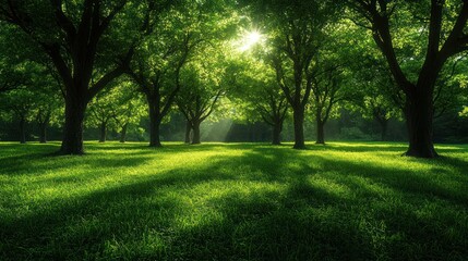 Obraz premium Sunlight shines through trees in a lush green forest.