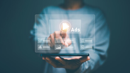 Ads for digital marketing concept, online advertisement, Businessman using smartphone with Ads dashboard digital marketing strategy analysis. Internet advertising digital marketing social media.