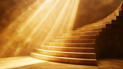 Naklejka premium A golden staircase illuminated by rays of light, creating a serene and mystical atmosphere.