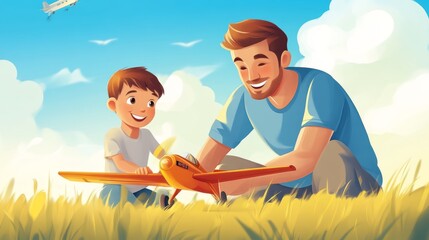 Obraz premium Father and Son Playing with Toy Airplane in a Field