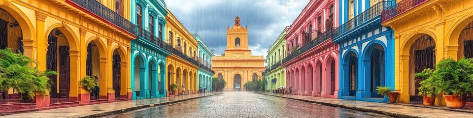 Obraz premium Colorful Colonial Architecture in Vibrant Street with Bright Yellow, Blue, Pink Buildings, Green Plants, Historical Cityscape, Cloudy Sky, Charming Facade Views