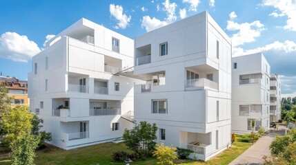 Obraz premium Modern white apartment buildings with balconies and landscaped surroundings.