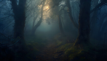 Foggy Forest at Dusk with Soft Light Through Trees
