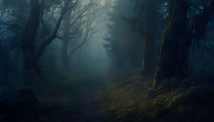Foggy Forest at Dusk with Soft Light Through Trees