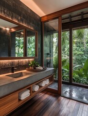 A sleek modern bathroom featuring a large window with a view of lush greenery, combining luxury and nature