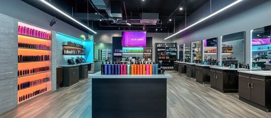 Modern salon interior with colorful hair products on display.