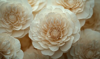 A close-up view of a collection of white flowers with layered petals, creating a textured and detailed pattern