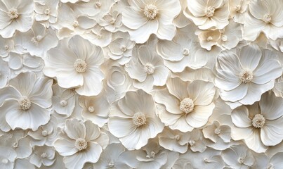 A close-up view of a collection of white flowers with layered petals, creating a textured and detailed pattern