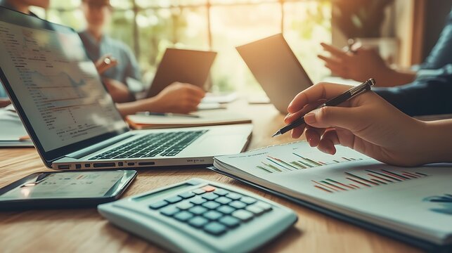 A business team analyzing financial data on laptop, Business team analyzing financial