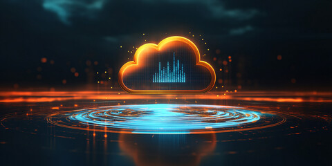 Abstract motion of digital data flow in a futuristic web hologram with cloud icon, blue golden light digits, and code background. Business digital technology web futuristic hologram.