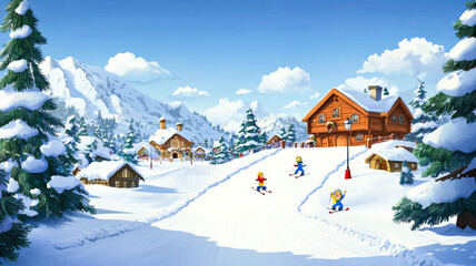 Cartoon-style ski slope with animated characters skiing down snowy hills, surrounded by snow-dusted pine trees and a festive lodge, creating a fun, winter holiday scene
