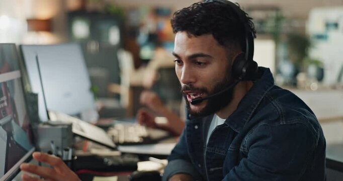 Telemarketing, headphones and business man with call center, communication and help desk. Headset, employee and consulting agency with customer support, friendly service or advice in modern office