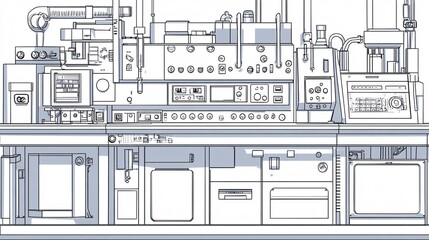 An outline of a packaging machine with a control panel and buttons
