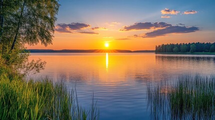 Fototapeta premium Sunset over calm lake with trees and grass in the foreground.